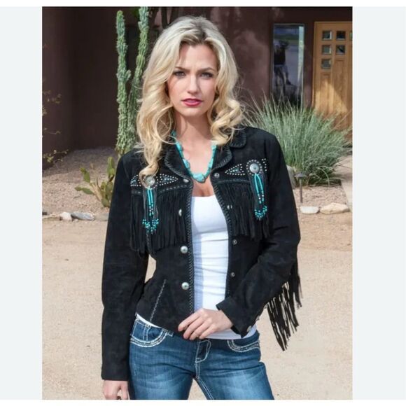 Scully Jackets & Blazers - Scully Black Suede Leather Western Jacket Beaded Fringe Women’s Medium